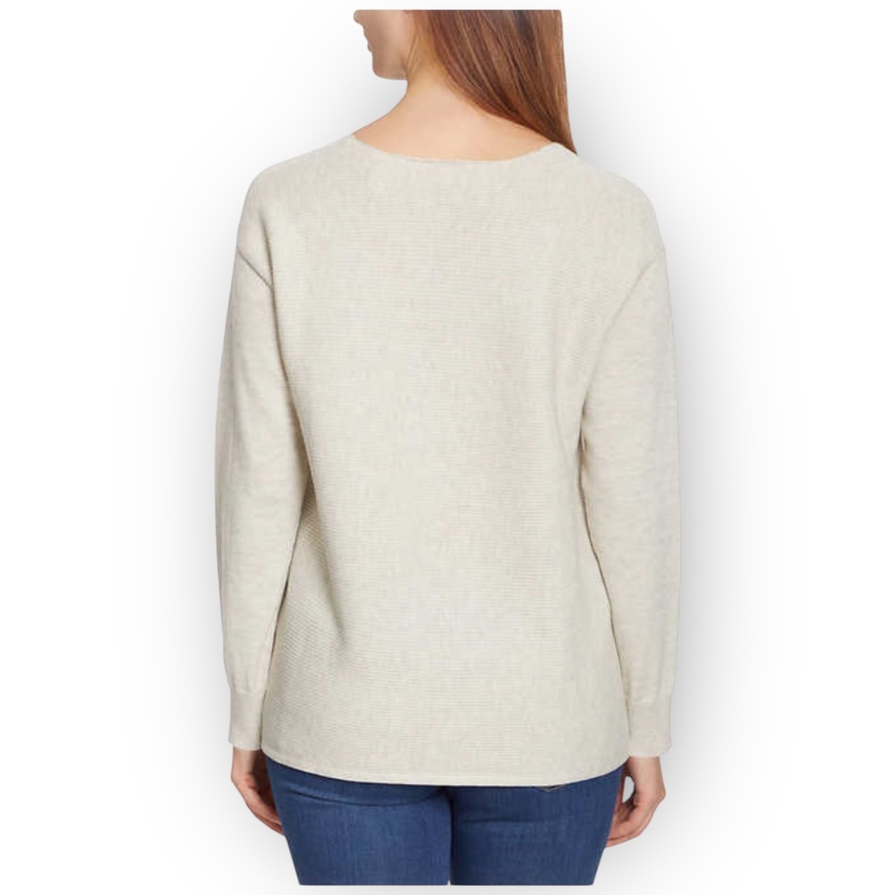 NWT Ella Moss Textured Knit V-Neck Sweater – Cream-Grey Oatmeal – Size M - Picture 3 of 5
